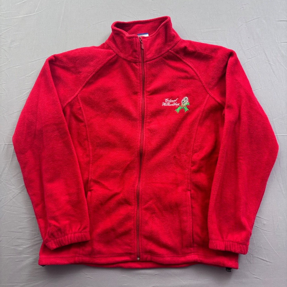 Colonial Williamsburg Fleece Jacket Red Full Zip Pinecone Holly Womens L Festive